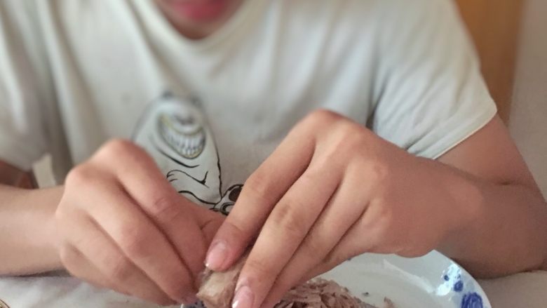 零嘴肉松,放凉后的肉块,装进保鲜袋,用擀面棍擀拍打松,好撕下来肉丝