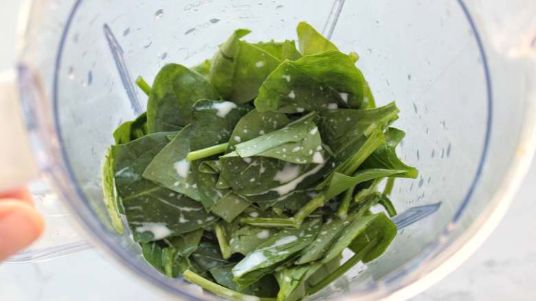 奶油菠菜蘑菇意面,<a style='color:red;display:inline-block;' href='/shicai/ 117'>菠菜</a>洗净后切成小段,放入料理机搅拌杯内,再加入牛奶