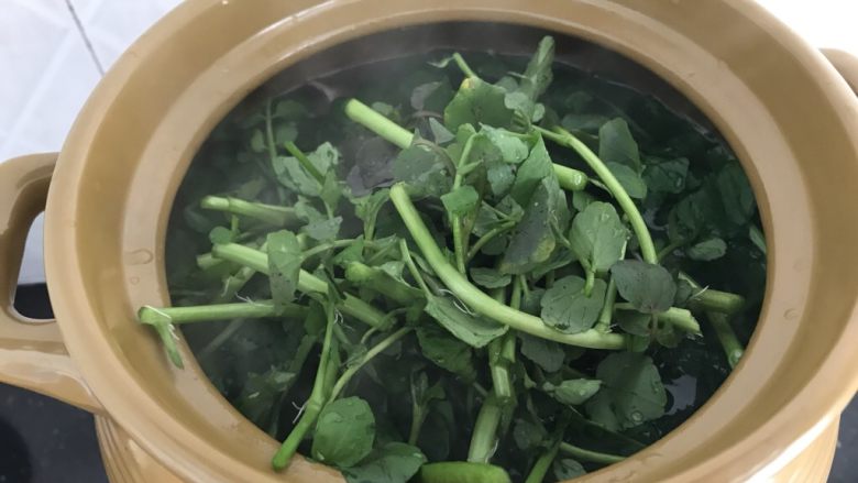 陈肾西洋菜猪骨汤,加入西洋菜,不加盖(免得菜易发黄且味苦)大火滚十分钟即可,不用加盐直接起锅可以喝!因为陈肾咸味已足以!