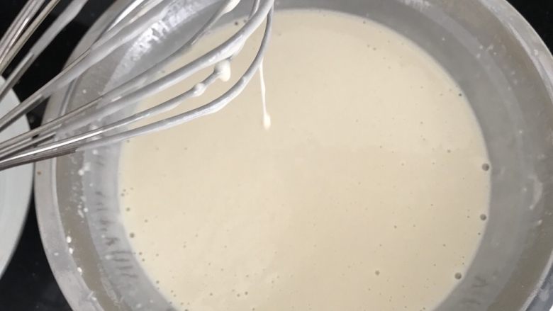 家常小卷饼,搅拌均匀至⬆️这样的面糊,轻微挂糊的样子,这是饼皮偏软绵的口感
喜欢面饼韧劲的可以和成面团擀成薄片煎哟