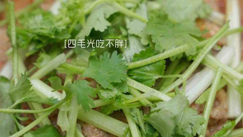 水煮牛肉,倒入汤汁,表面摆上一层芹菜杆,再摆一层香菜叶;