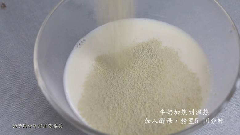 红枣发糕,牛奶稍微加温下,把酵母放入活化5-10分钟。
🌻小贴士 :由于冬天室温低,做发酵类食物的时候把水或牛奶加热下,有利于发酵,但不能太烫,酵母会被烫死,加温到30多度就好,手摸进去有点温热。