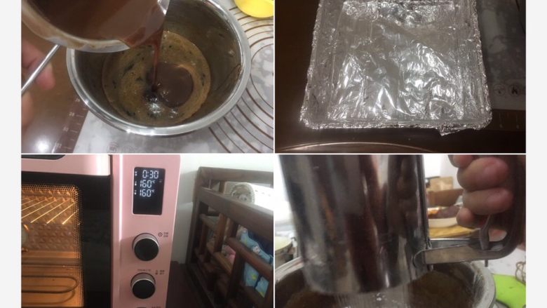 超级好吃的巧克力核桃布朗尼,黑巧黄油液倒入鸡蛋液中。
烤盘铺锡纸,方便脱模。
预热160度,预热比烤高10度,开门会有空气进入。
过筛低粉。