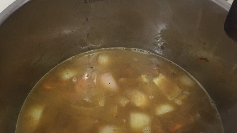 快手咖喱鸡肉饭,加入水,慢慢开始煮。