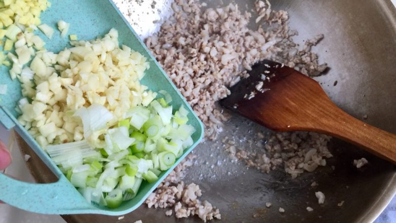 肉末茄子粉丝煲,加入姜蒜葱末,翻炒出香味