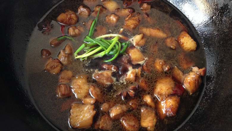 豆筋棍烧肉,倒入开水,水量没过肉一点,再把葱结放进去,大火烧开后转小火焖煮1小时