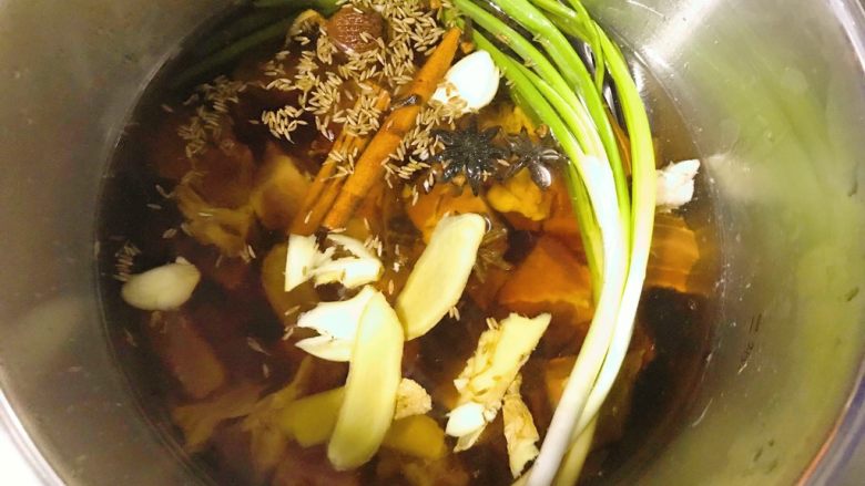 冬日滋补—牛肉汤,投入姜片,蒜,葱。
