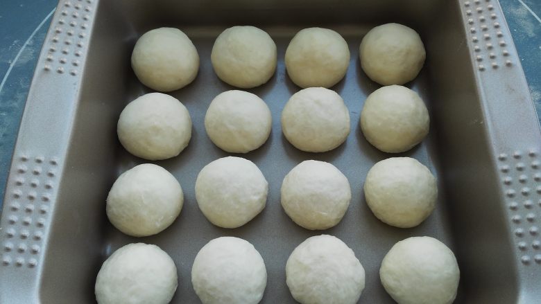 萌萌的小熊挤挤包,把16个剂子依次滚圆,放入烤盘中,然后进行二次发酵