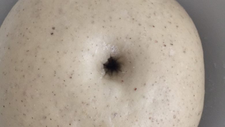 红豆薏米粗粮米糊软欧包,发酵好的状态,肚脐眼妆有木有,开玩笑啦!状态达到手指两个关节沾到面粉戳孔不回缩即可!立马回缩可以继续发一会,如果立马塌陷恭喜发酵过度留着做老面吧!
