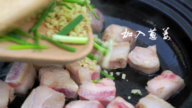 不俗又不瘦,东坡最爱竹笋焖猪肉,加入葱姜翻炒