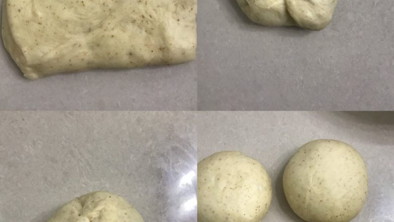 全麦核桃软欧,7取一块面团周围向中间折叠用手常压实,收口揉圆后,盖上保鲜膜室温松驰15分钟。