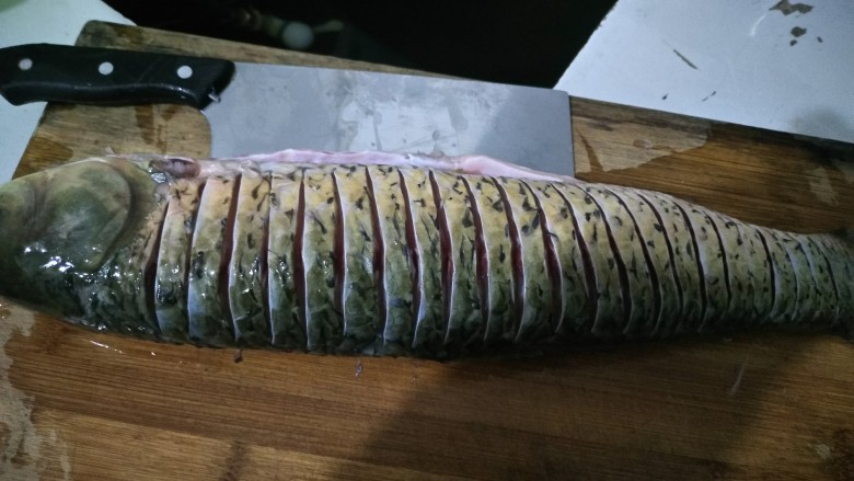 家庭版孜然烤鱼,草鱼洗干净,切成这样。注意别切太深也别太也别太浅,太深怕断了不好看,太浅了入味没那么好。然后再给鱼的全身均匀抹上盐鸡精还有料酒。腌制30分钟。