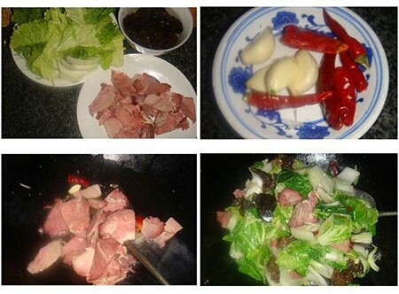 白菜牛肉,调料：郫县豆瓣酱一大勺，盐少许，糖一大勺，大蒜四个，辣椒四个
1:在锅中倒油，先放豆瓣酱炒香，再放入买好的处理好的熟<a style='color:red;display:inline-block;' href='/shicai/ 216'>牛肉</a>（菜市场里都有的）
2:编炒一会之后加辣椒、大蒜，再加<a style='color:red;display:inline-block;' href='/shicai/ 114'>白菜</a>，<a style='color:red;display:inline-block;' href='/shicai/ 114'>白菜</a>煮会出水，所以不用加水，看着锅炒炒就行（如果口味偏重，在这里要可以加少量盐下锅