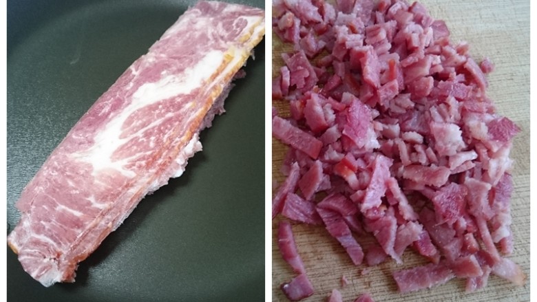 椰子油葱香培根司康(全酵母版本),培根放平底锅稍微煎一下,切丁待用