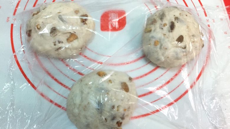 全麦坚果软欧,分成三个等量的面团,静至15分钟