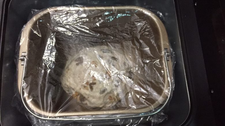 全麦坚果软欧,放入面饼桶,盖上保鲜膜,打开发酵功能1小时左右
(室温发酵更好,时间会长一点)