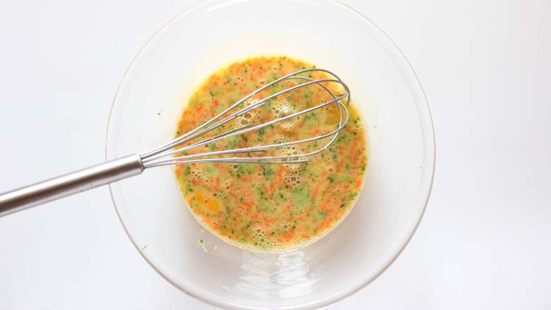 西兰花胡萝卜鸡蛋蒸糕(适合12个月龄以上的宝宝),将所有食材混合均匀