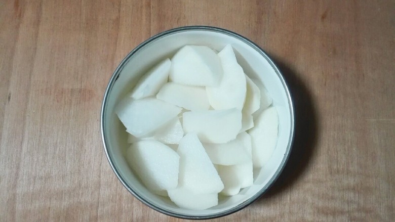 香菜白萝卜块肉圆汤,全部切好放盘子里