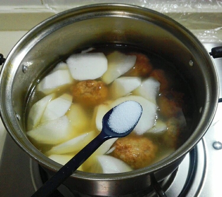 香菜白萝卜块肉圆汤,放<a style='color:red;display:inline-block;' href='/shicai/ 26'>白萝卜</a>烧开,再放一小勺盐烧三分钟