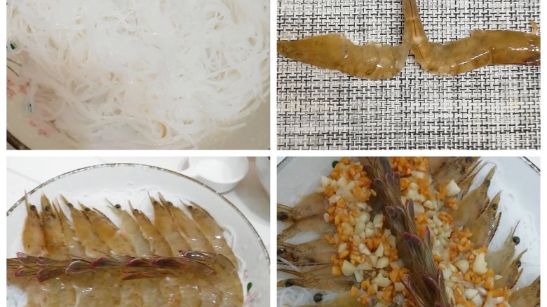 蒜蓉粉丝虾,粉丝垫在盘底,淋上30g蒸鱼豉油搅拌均匀,再把处理好的虾一只只摆上。最后再铺一层蒜蓉(约100g)。