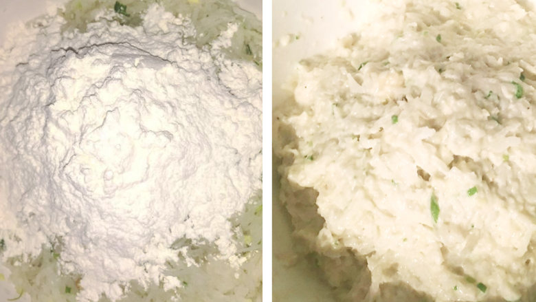 小时候奶奶经常买给我吃的萝卜丝饼,加面粉,加水搅拌至糊糊状