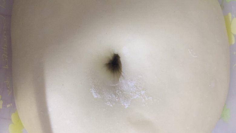 毛毛虫面包,发酵好的面团手指蘸粉两个骨节戳进面团中,洞口不塌陷略回缩就可以了