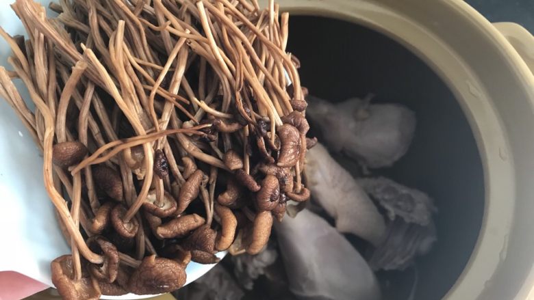 茶树菇老鸡汤~强身健体,加入泡好拣干净的剪去根部的茶树菇