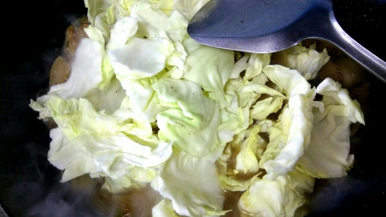 包菜粉丝炖五花肉,放入包菜,大火烧开