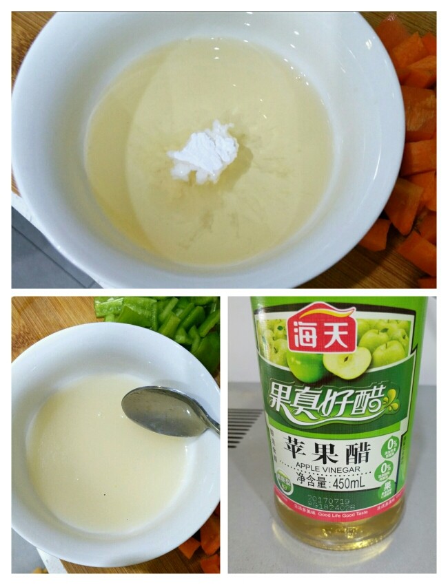 苹果醋版咕咾肉,<a style='color:red;display:inline-block;' href='/shicai/ 755'>苹果醋</a>加入一勺淀粉,搅匀备用。