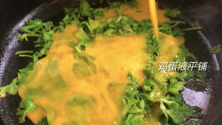 芹菜叶煎蛋,倒入蛋液,