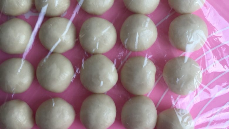 蛋黄酥,把油皮平均分成20个，每个19克左右，分完按顺序用保鲜膜盖好
