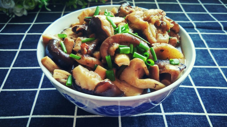 香菇滑鸡块,撒上香葱,鸡肉软烂,香菇醇厚,味道真棒!