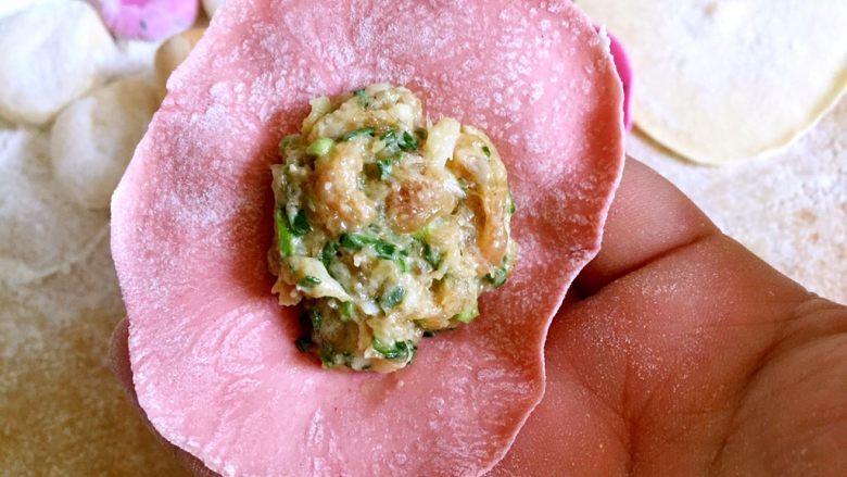 彩色水饺(猪肉蒜苗馅),面皮放上饺子馅