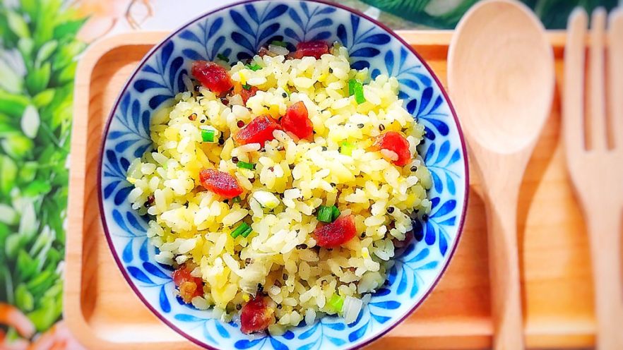 炒饭秀～金蒜飘香の腊肠黄金鸡蛋炒藜麦饭