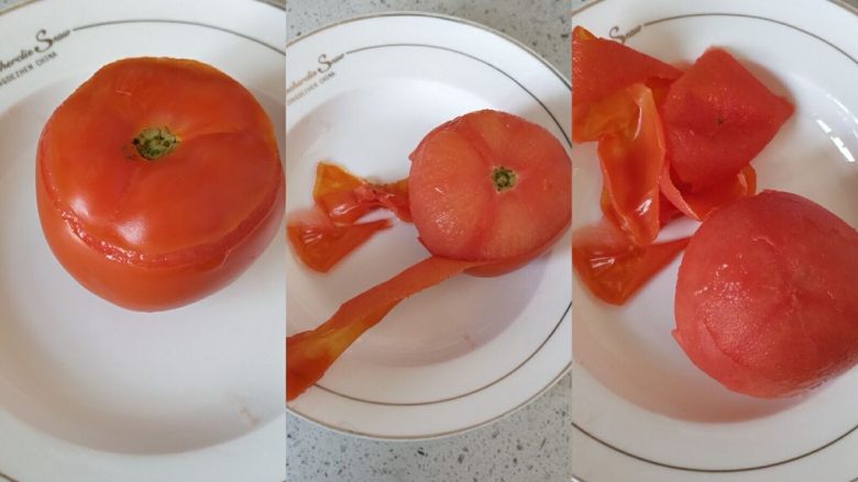 一个人的午餐_西红柿鸡蛋拌面,装到盘里不要立即剥皮啊,很烫的,稍微等它冷一下,很容易就剥下来了。然后切小块或者切片,随自己,小块没有切片的容易熟。因为我平时都是切片,所以今天切小块的。