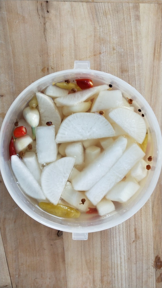 佐餐小菜~酸甜脆萝卜,再把萝卜(已经沥干盐水的)放入盒中,搅拌均匀。(我习惯把萝卜切得有片有丁有条,这样可以先吃片后吃条)