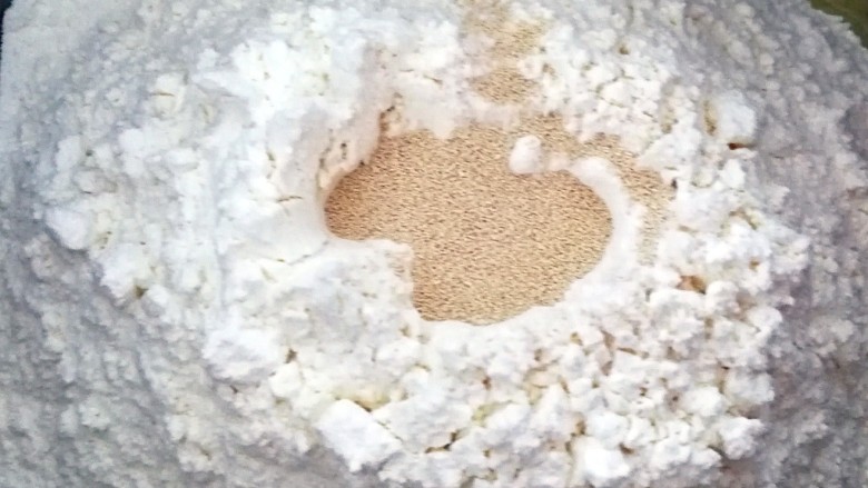 适合新手的一次性发酵酸奶小餐包,面粉上面挖一个洞,倒入酵母,用面粉把酵母埋起来