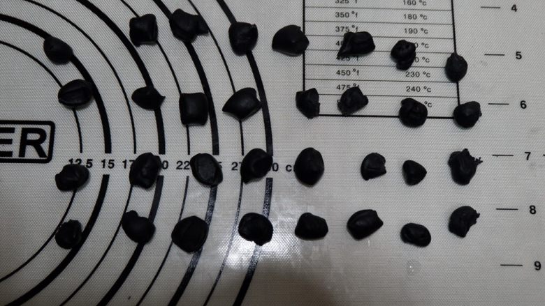 卡通面包—熊猫表情包,切出32个小剂子,做熊猫的耳朵。记得留一点,一会做眼睛,不要全部切完。1g左右1个就可以了