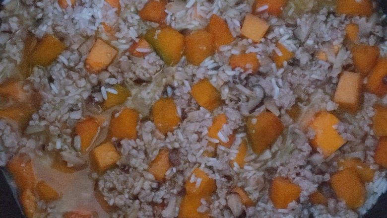 电饭煲南瓜香菇肉末焖饭,将电饭煲里的食材搅拌均匀，即可盖上盖子，按煮饭键