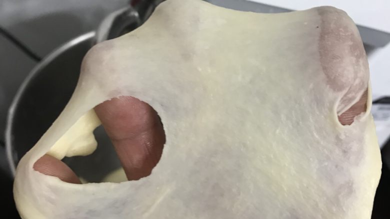 桑葚烫种小餐包,开动厨师机二档揉成团后,转五档揉至能撑开厚一点的膜,洞口边上有锯齿状。