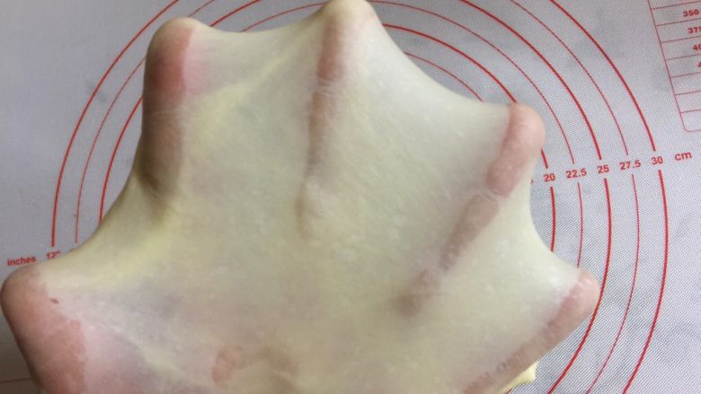 可爱的奶牛纹吐司(淡奶油版),检视一下出膜情况,面团能拉出透明且有弹性的手套状薄膜,用手捅破薄膜,呈现光滑的圆形即可。