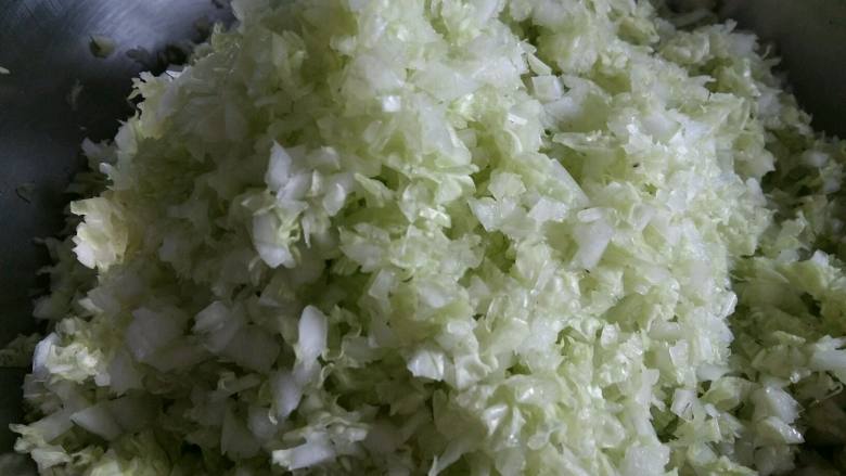 翡翠饺子,白菜叶子切碎。上面撒少许盐压一会,这样方便后面挤出白菜里的水份。