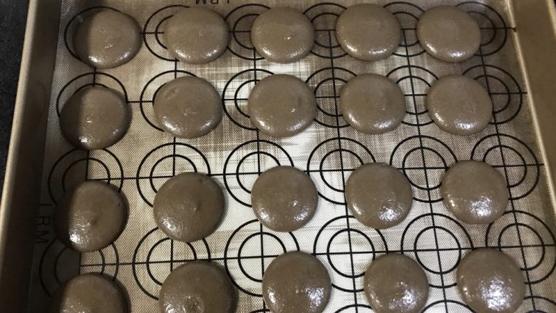 可可马卡龙(不用色素更健康),挤出尽量大小一致的圆饼,开始去晾皮,烤箱预热180度。