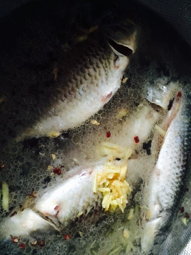 豆腐鲫鱼奶汤,鱼煎好掺入没过鱼的水
