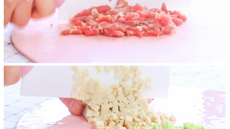 牛肉烧麦,牛肉切丁,稍微剁剁碎,芹菜去叶,切碎。
>>烧麦做好一次肯定吃不完,芹菜叶不适合反复加热,将叶子掐下来用在别的地方。
