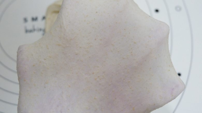 全麦紫米肉松蛋黄软欧面包,用手掌拎起面团,活动手腕上下甩动,能甩出这种这种状态就可以了,不用非常薄的手套膜,有韧性即可