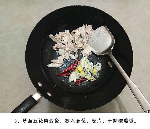五花肉烧萝卜,五花肉炒至变色,放入葱姜<a style='color:red;display:inline-block;' href='/shicai/ 86474'>干辣椒</a>煸香。