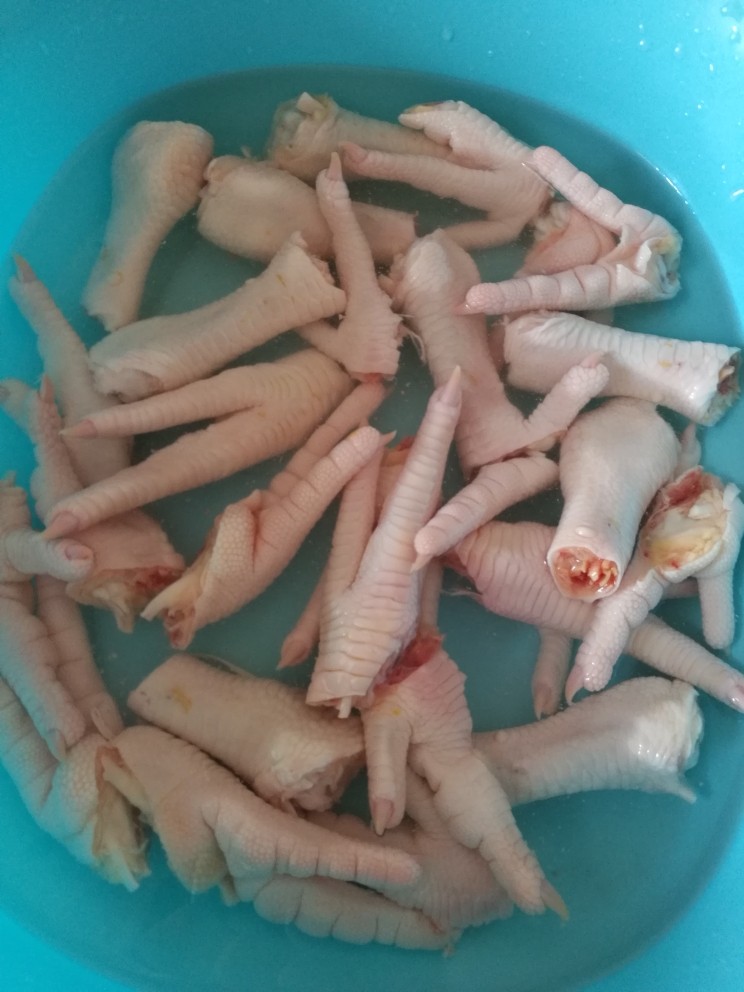 卤鸡爪,盆子里放适量清水,倒入鸡爪清洗干净