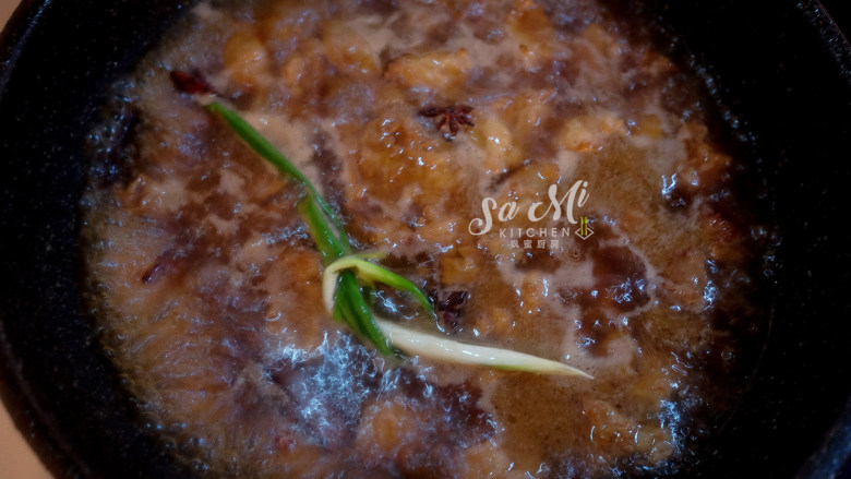 牛肉炖土豆(私房菜),倒入热开水浸没牛肉块,加入葱、部分干辣椒后,盖上锅盖中火炖40分钟