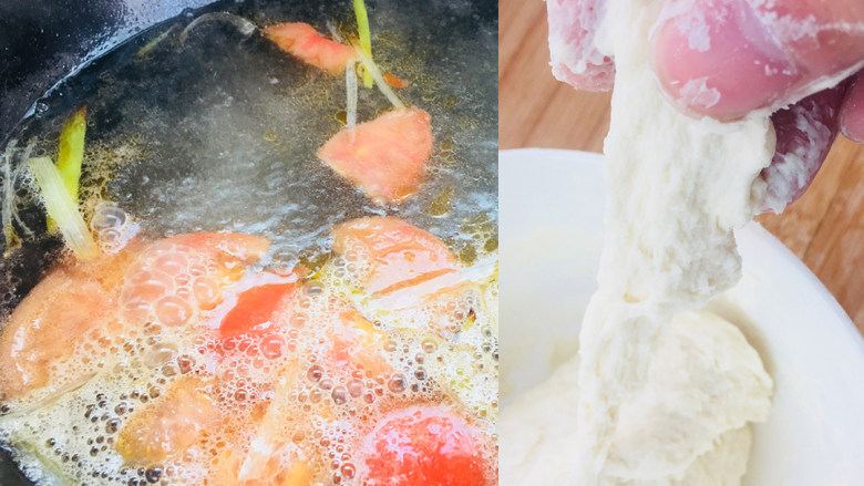 火腿丢面,将揪起来的面丢入煮开的锅中,用勺子翻一下